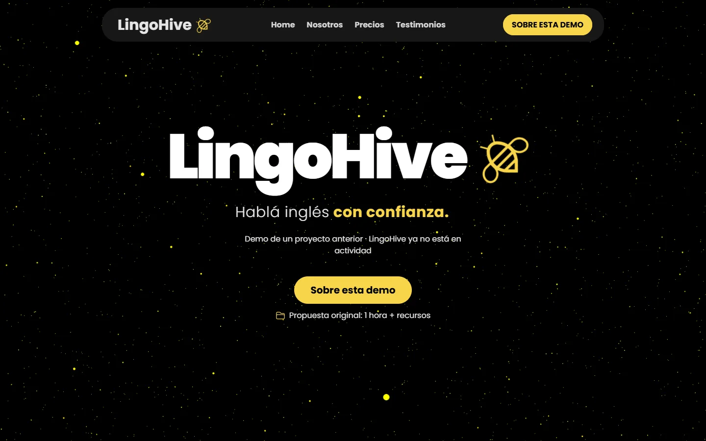 Captura da página inicial da LingoHive no computador: navegação, título principal, apresentação e aviso de que o projeto não está mais em atividade.