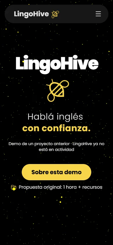 Captura da página inicial da LingoHive no celular: navegação compacta, apresentação principal e aviso de que o projeto não está mais em atividade.