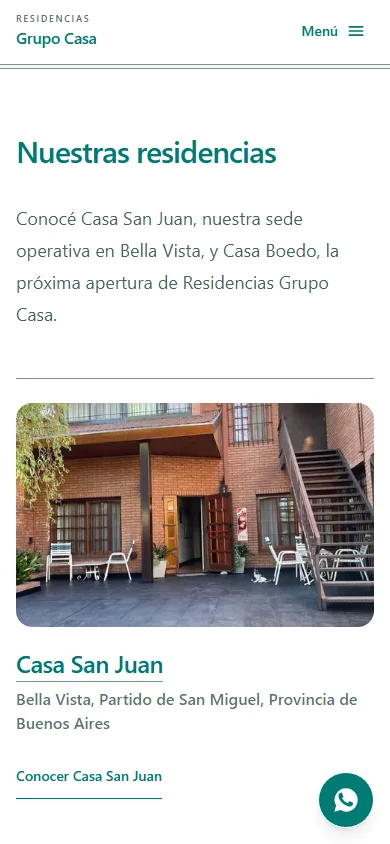 Captura da página inicial de Residencias Grupo Casa no celular: seção “Nuestras residencias”, foto da área externa da Casa San Juan e menu compacto.